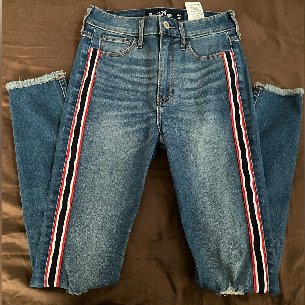 Hollister Blue Jeans with Red and White Stripes